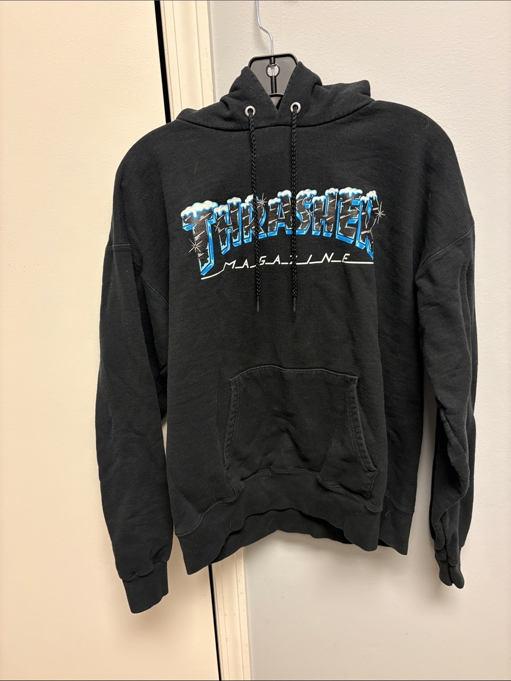 Thrasher Black Hoodie with Blue & White Snow Logo